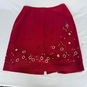 Ann Taylor Red Linen Floral Embroidered Beaded Pencil Skirt Size 6 Crochet 3D